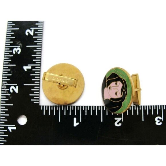 Vintage Cufflinks Enamel Woman Face Round Gold Tone Signed Pat Pend Black Hair - Picture 5 of 8